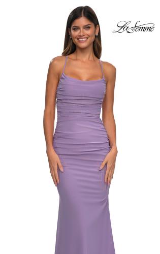 Picture of: Ruched Net Jersey Gown with Square Neckline in Lavender, Style: 33086, Detail Picture 11