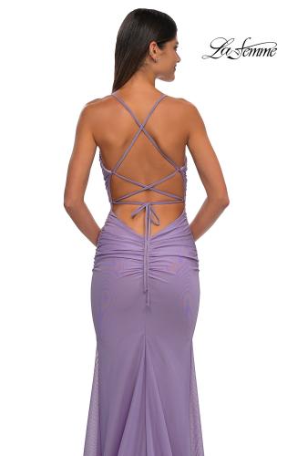 Picture of: Ruched Net Jersey Gown with Square Neckline in Lavender, Style: 33086, Detail Picture 12