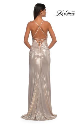 Picture of: Metallic Jersey Ruched Prom Dress with Rhinestone Bodice in Light Gold, Style: 32793, Detail Picture 4