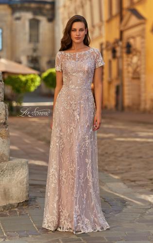 Picture of: Short Sleeve Embroidered A-Line Gown with Illusion Neckline in Light Mauve, Style: 31838, Main Picture