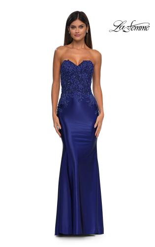 Picture of: Strapless Satin Dress with Lace Top and Sweetheart Neckline in Marine Blue, Style: 32582, Detail Picture 8