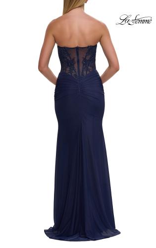 Picture of: Strapless Sheer Corset Gown with Beaded Lace and High Slit in Marine Blue, Style: 33472, Detail Picture 9