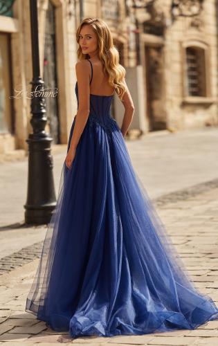 Picture of: Lace Corset Tulle Gown with High Slit and A-Line Skirt in Marine Blue, Style: 33436, Back Picture