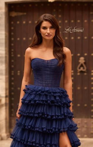 Picture of: Strapless Tiered Ruffle Tulle Gown with Slit in Marine Blue, Style: 33727, Detail Picture 5