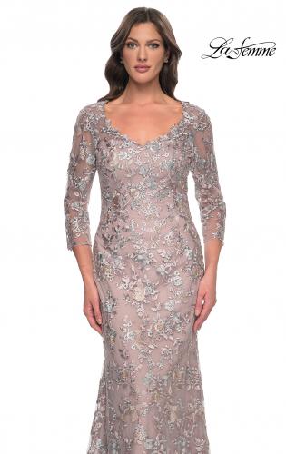 Picture of: Beautiful Lace Long Dress with V Neckline and Sleeves in Mauve, Style: 30081, Detail Picture 1