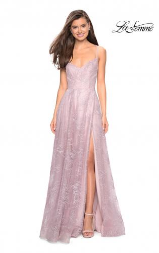 Picture of: Lace Prom Dress with Floral Detail and Side Leg Slit in Mauve, Style: 27704, Detail Picture 2