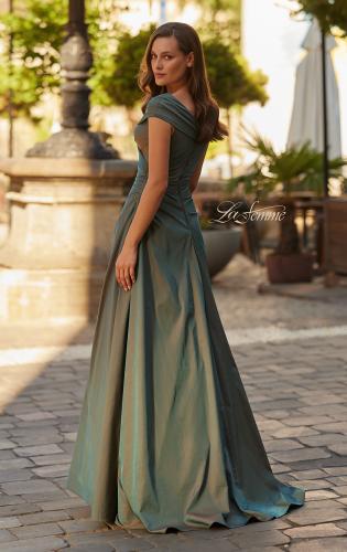 Picture of: Off-the-Shoulder Stretch Taffeta A-Line Gown in Moss Green, Style: 33446, Back Picture