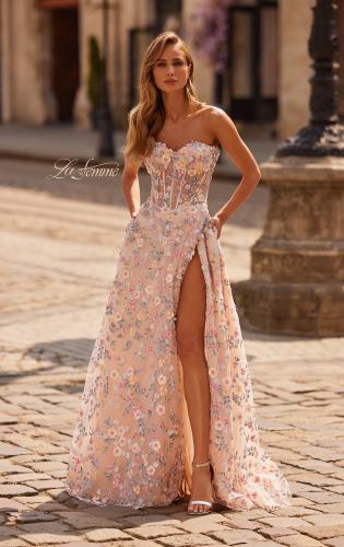 Picture of: 3D Floral Corset A-Line Prom Gown with High Slit in Multi, Style: 33409, Main Picture