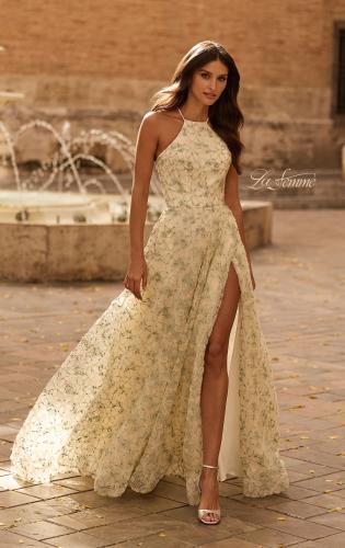 Picture of: Floral Lace A-Line Gown with High Slit and Lace-Up Back in Multi, Style: 33865, Main Picture