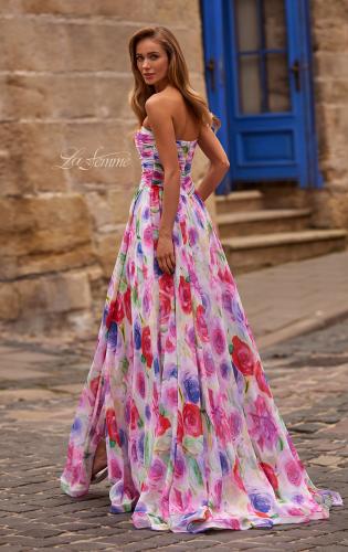 Picture of: Floral A-Line Chiffon Gown with Ruched Bodice and High Slit in Multi, Style: 33487, Back Picture