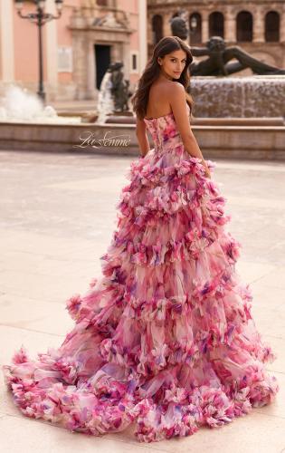 Picture of: Strapless Tiered Floral Ruffle Gown with High Slit in Multi, Style: 33842, Back Picture
