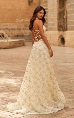 Picture of: Floral Lace A-Line Gown with High Slit and Lace-Up Back in Multi, Style: 33865, Back Picture