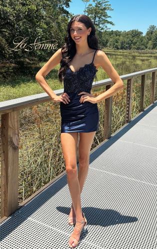 Picture of: Embellished Corset Satin Mini Dress in Navy, Style: 33243, Detail Picture 1