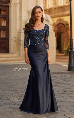 Picture of: Beaded Lace Satin Gown with Sheer Sleeves and Ruched Skirt in Navy, Style: 31802, Main Picture
