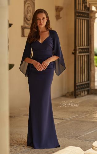 Picture of: V-Neck Gown with Sheer Flutter Sleeves in Navy, Style: 33215, Main Picture