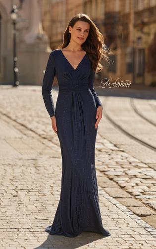 Picture of: Long Sleeve Rhinestone Gown with Pleated Waist in Navy, Style: 33310, Main Picture