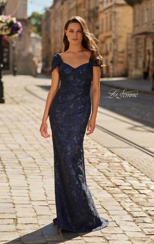 Picture of: Off-the-Shoulder Brocade Gown with Sweetheart Neckline in Navy, Style: 33571, Main Picture