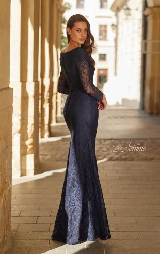 Picture of: Lace Long Sleeve V-Neck Evening Gown in Navy, Style: 33333, Back Picture
