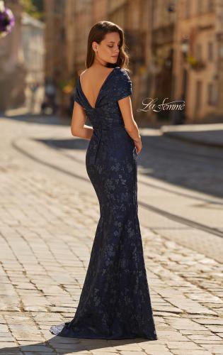 Picture of: Off-the-Shoulder Brocade Gown with Sweetheart Neckline in Navy, Style: 33571, Back Picture