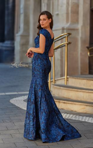 Picture of: Cap Sleeve Metallic Brocade Gown with V-Neckline in Navy, Style: 33578, Back Picture