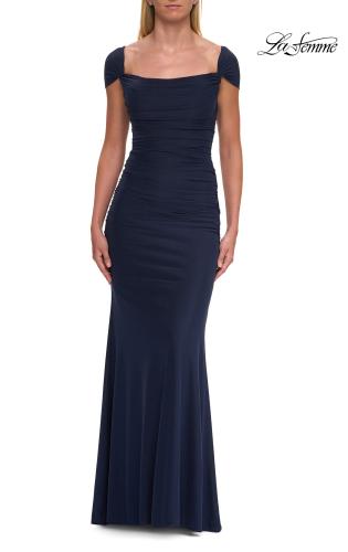 Picture of: Simple Ruched Cap Sleeve Net Jersey Gown in Navy, Style: 33506, Main Picture