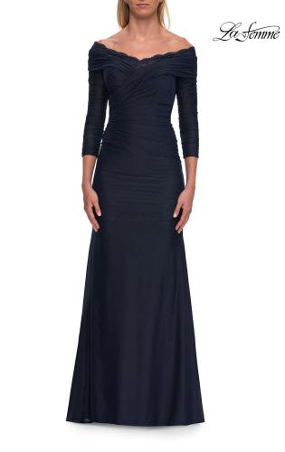 Picture of: Off-the-Shoulder Three-Quarter Sleeve Gown in Navy, Style: 33655, Main Picture