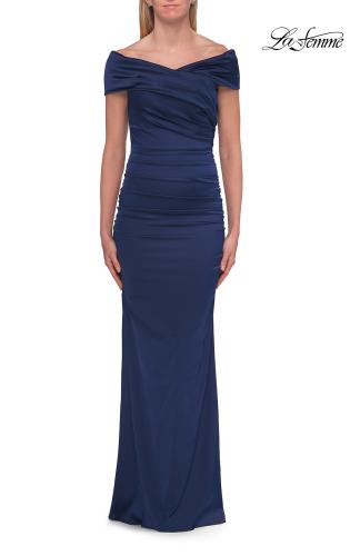 Picture of: Off-the-Shoulder Ruched Satin Evening Gown in Navy, Style: 33620, Detail Picture 11