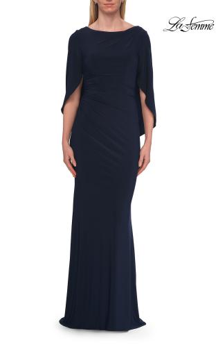 Picture of: Draped Cape Sleeve Jersey Gown with Ruched Bodice in Navy, Style: 33148, Detail Picture 12