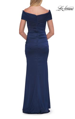 Picture of: Off-the-Shoulder Ruched Satin Evening Gown in Navy, Style: 33620, Detail Picture 12