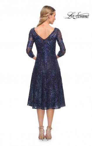 Picture of: Beautiful Lace Tea Length Gown with Three-Quarter Sleeves in Blue, Style: 30005, Back Picture