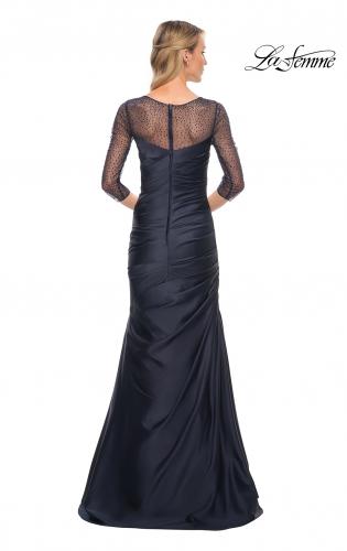 Picture of: Mermaid Satin Pleated Gown with Illusion Beaded Sleeves in Blue, Style: 30138, Back Picture