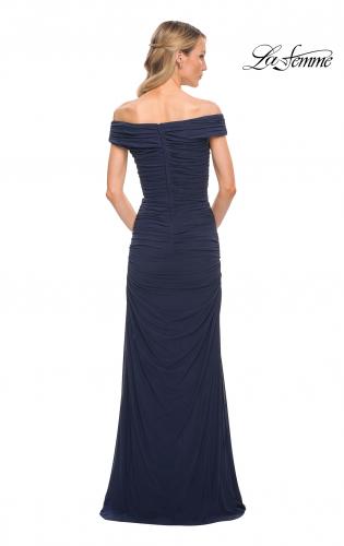 Picture of: Long Ruched Gown with Off the Shoulder Top in Blue, Style: 30363, Back Picture