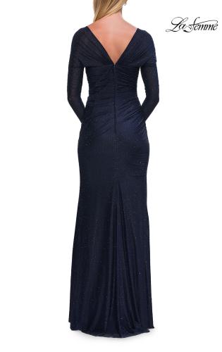 Picture of: Long Sleeve Rhinestone Jersey Gown with Sweetheart Neckline in Navy, Style: 33642, Back Picture