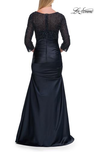 Picture of: Beaded Bodice Satin Gown with Three-Quarter Sleeves in Navy, Style: 33659, Back Picture
