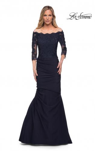Picture of: Satin Mermaid Gown with Off the Shoulder Lace Bodice in Navy, Detail Picture 1