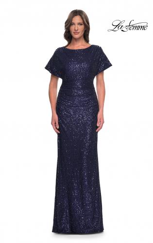 Picture of: Sequin Stretch Evening Dress with High Neckline and Dolman Sleeves in Navy, Style: 30885, Detail Picture 1