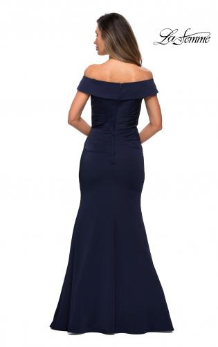 Picture of: Off the Shoulder Satin Evening Gown with Ruching in Navy, Style: 28110, Detail Picture 2