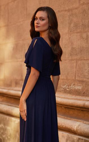 Picture of: Flattering Net Jersey Long Dress with Ruffle Sleeve in Navy, Style: 30009, Detail Picture 2