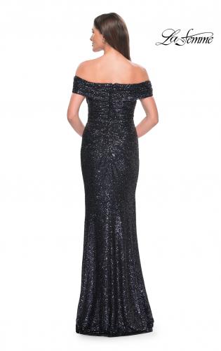 Picture of: Off the Shoulder Sequin Gown with Ruching in Navy, Style: 31772, Detail Picture 2
