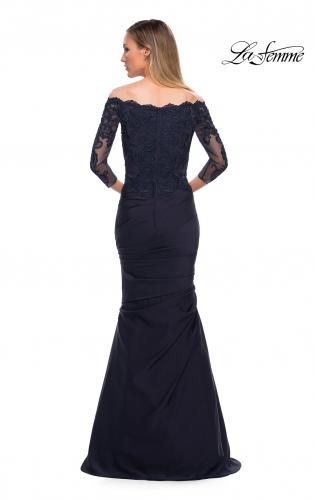 Picture of: Satin Mermaid Gown with Off the Shoulder Lace Bodice in Navy, Detail Picture 3