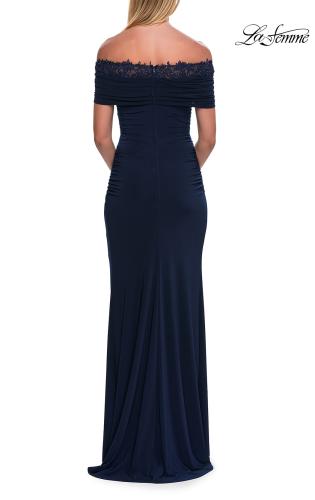 Picture of: Off the Shoulder Lace Trim Evening Gown in Navy, Style: 33329, Detail Picture 4