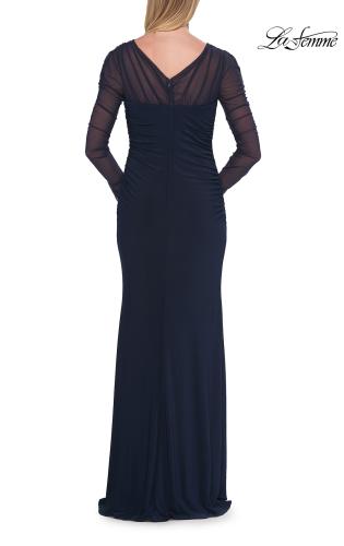 Picture of: Long Sleeve Sheer Net Jersey Gown with Ruching in Navy, Style: 33282, Detail Picture 5