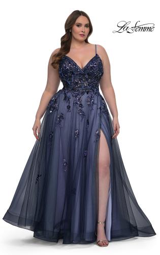 Picture of: Stunning A-line Plus Dress with Sequin Beaded Applique in Navy , Style: 33061, Main Picture