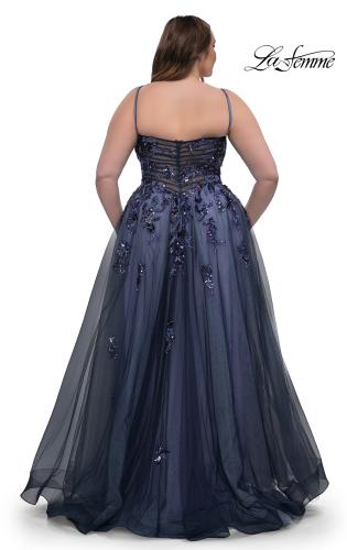 Picture of: Stunning A-line Plus Dress with Sequin Beaded Applique in Navy , Style: 33061, Back Picture