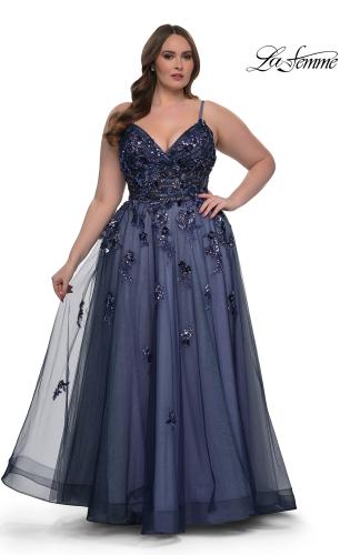 Picture of: Stunning A-line Plus Dress with Sequin Beaded Applique in Navy , Style: 33061, Detail Picture 1