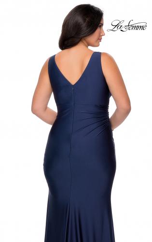 Picture of: Simple Jersey Plus Size Gown with Faux Wrap Bodice in Navy, Style: 29028, Detail Picture 2