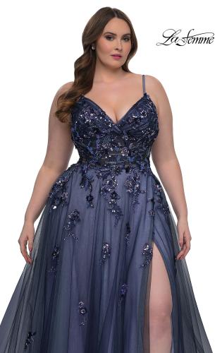 Picture of: Stunning A-line Plus Dress with Sequin Beaded Applique in Navy , Style: 33061, Detail Picture 2