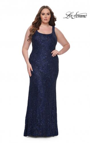 Picture of: Beaded Lace Plus Size Fitted Dress with Square Neckline in Navy, Style: 31605, Detail Picture 7