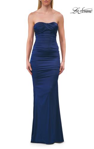 Picture of: Strapless Satin Gown with Ruching and Lace-Up Back in Navy, Style: 33654, Detail Picture 8