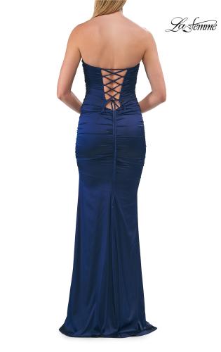 Picture of: Strapless Satin Gown with Ruching and Lace-Up Back in Navy, Style: 33654, Detail Picture 9